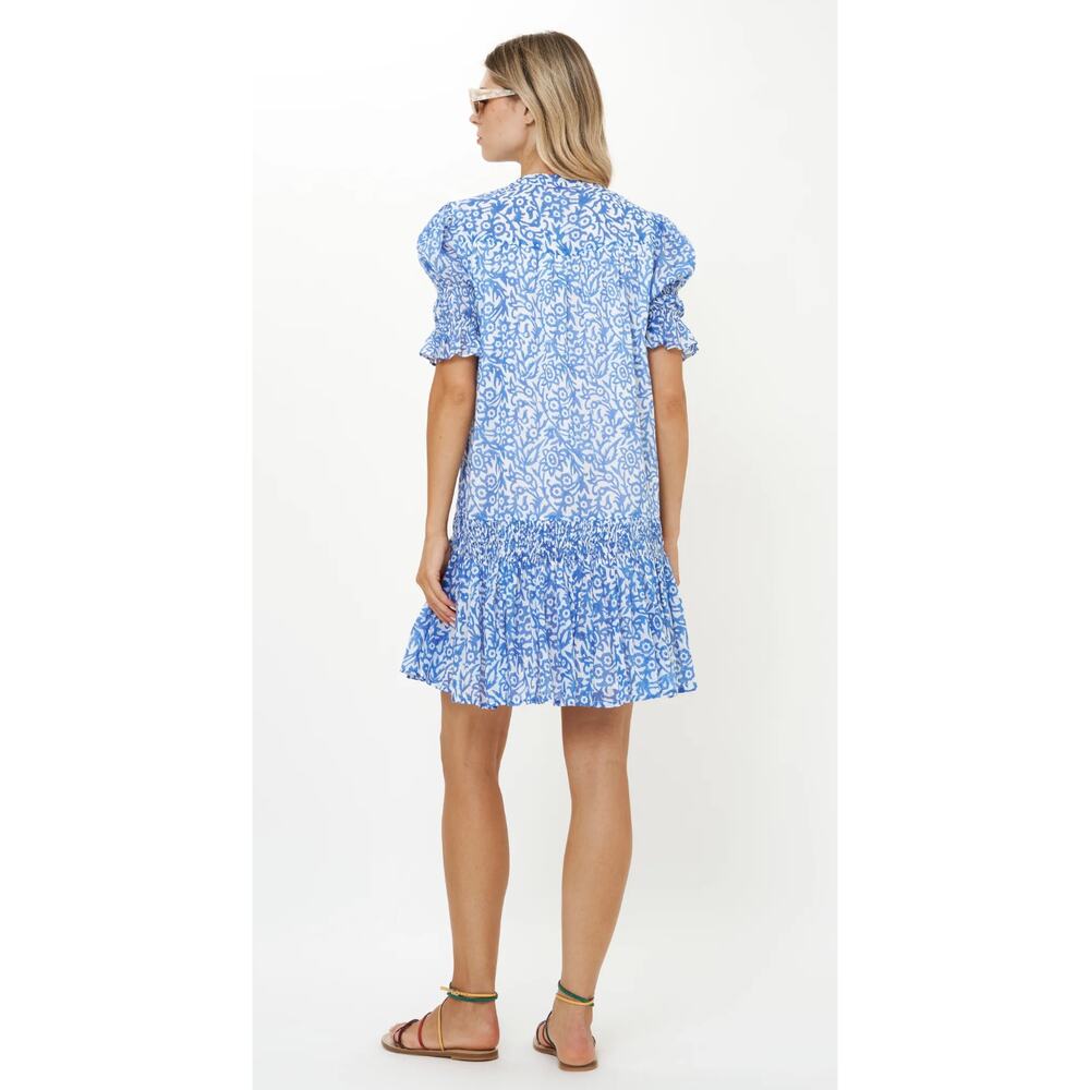 OLIPHANT Tuckernuck Smocked Drop Waist Mini Dress Cypress Blue Print S - Picture 6 of 10